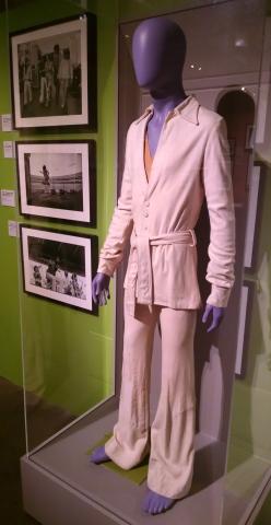 Peter Frampton's cream suede suit worn on the cover of the Frampton Comes Alive album, in exhibit about music promoter Bill Graham at the Illinois Holocaust Museum.